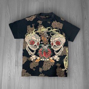 Vintage Ed Hardy t shirt Christian Audigier tee rhinestone All over print